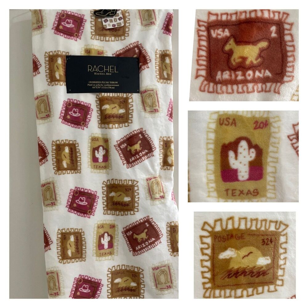 ARIZONA TEXAS USA STAMPS Rachel Roy Pink Country Southwestern COWGIRL Blanket
